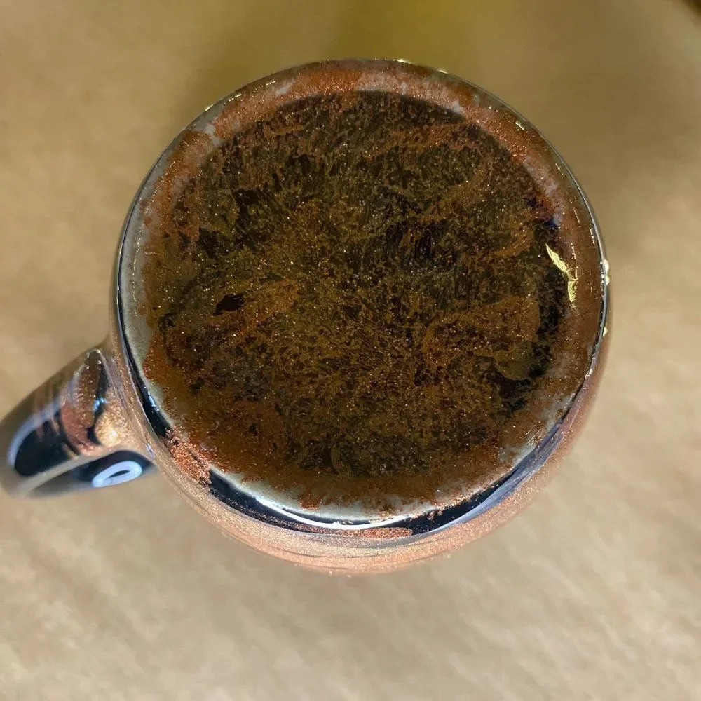 Coffee Tea Cup Mug Handmade Black With Copper & Gold Abstract Painted 4X3.25in